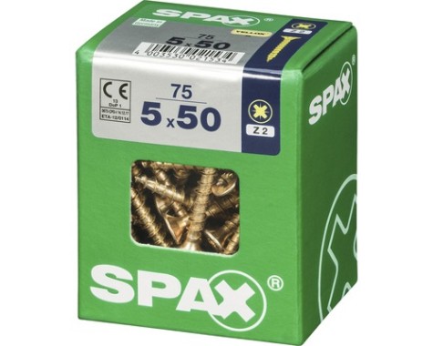 SPAX Universalschraube, 5 x 50 mm, 75 Stück, Vollgewinde, Senkkopf, Kreuzschlitz Z2, 4CUT, YELLOX, 4081020500507