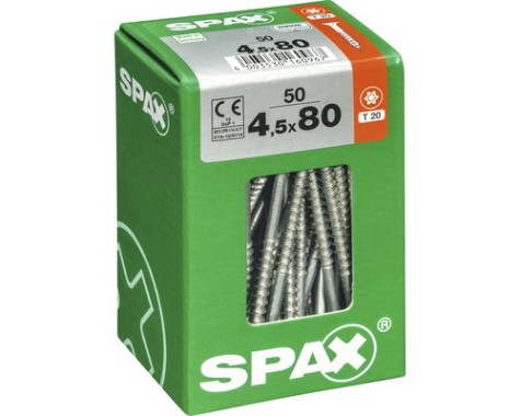 SPAX Universalschraube, 4,5 x 80 mm, 50 Stück, Teilgewinde, Senkkopf, T-STAR plus T20, 4CUT, WIROX, 4191010450807