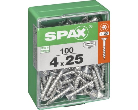 SPAX Universalschraube, 4 x 25 mm, 100 Stück, Vollgewinde, Senkkopf, T-STAR plus T20, 4CUT, WIROX, 4191010400252