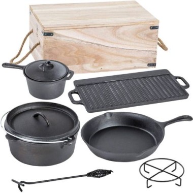 ACTIVA Dutch Oven 7-teiliges Set in Holzkiste, Gusseisen, mit Kochtopf, Stieltopf, Grillplatte, Pfanne, Deckelheber und Untersetzer, 20080