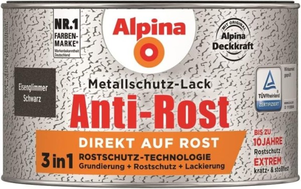 Alpina Metallschutzlack Anti-Rost Eisenglimmer Schwarz 300ml, 017030803/L