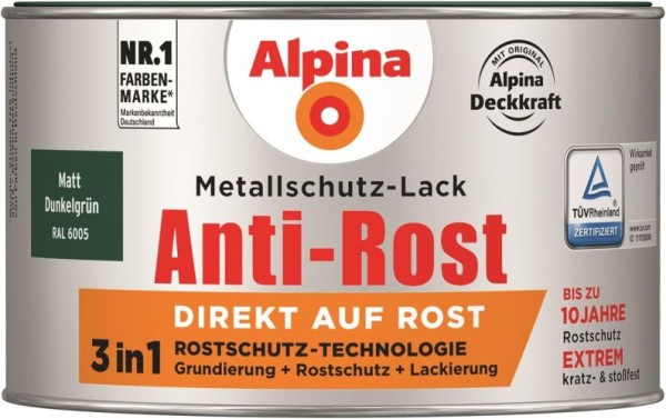 Alpina Metallschutzlack Anti-Rost Matt Dunkelgrün 300ml, 017300803/L