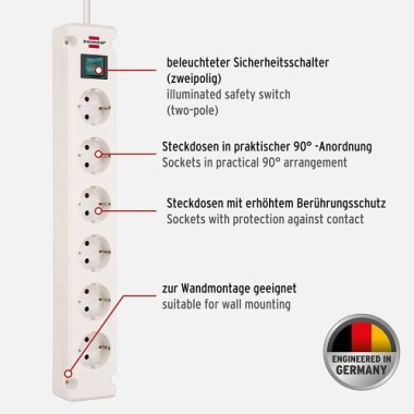 Bremounta Steckdosenleiste 6-fach mit Schalter, 3m Kabel, weiß, 1150650326