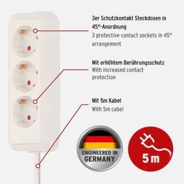 Brennenstuhl Eco-Line, Steckdosenleiste 3-fach mit erhöhtem Berührungsschutz und 5m Kabel weiß, 1158610050