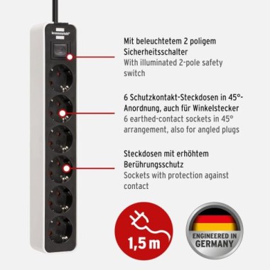 Brennenstuhl Ecolor Steckdosenleiste 6-Fach mit Schalter und 1,5m Kabel, schwarz/weiß, 1153260020