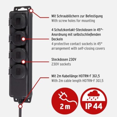 Brennenstuhl Steckdosenverteiler IP44 4-fach für den Baustelleneinsatz und den ständigen Einsatz im Freien, 2m Kabel, 1159960