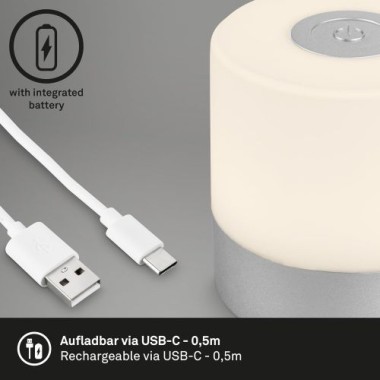 BRILONER LED Akku-Tischleuchte, 7 cm, Touch, USB-C, 2W, 150lm, chrom-matt, 7461014