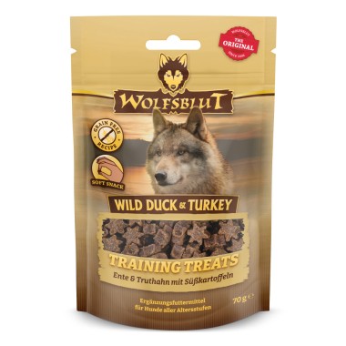 Wolfsblut Training Treats, Wild Duck & Turkey, Ente und Truthahn mit Süßkartoffeln, 70 g, WB785209