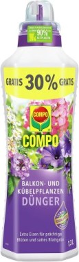 COMPO Balkon- und Kübelpflanzen-Dünger für alle Balkon- und Kübelpflanzen, mit extra Eisen, 1,3 Liter, 14367