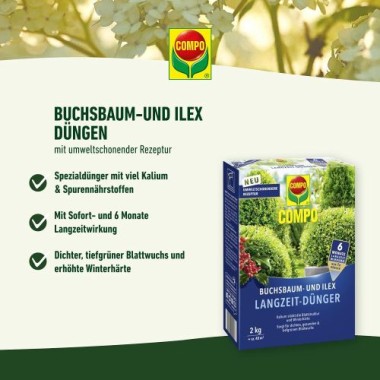 COMPO Buchsbaum- und Ilex Langzeit-Dünger, 6 Monate Langzeitwirkung, 850 g, 17 m², 23852