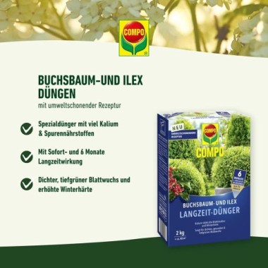 COMPO Buchsbaum- und Ilex Langzeit-Dünger, 6 Monate Langzeitwirkung, 850 g, 17 m², 26044