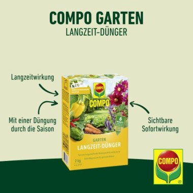 COMPO Garten Langzeit-Dünger für Gartenpflanzen, 6 Monate Langzeitwirkung, 2 kg, 37 m², 26050