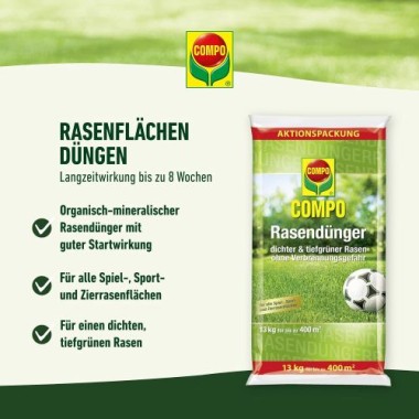 COMPO Rasendünger, Dünger mit 2-3 Monaten Langzeitwirkung, Feingranulat, 13 kg, 400 m², 20946