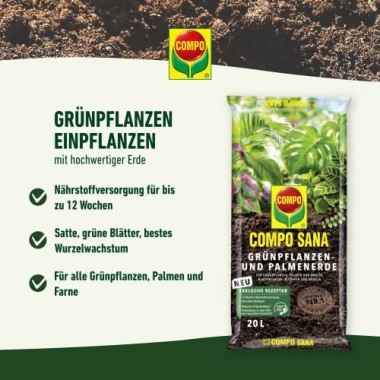 COMPO SANA Blumenerde für Grünpflanzen und Palmen, 12 Wochen Nährstoffversorgung, 10 Liter, 11431