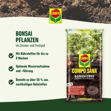 COMPO SANA Bonsaierde 5 L, mit 8 Wochen Nährstoffe, Für alle Zimmer- und Freiland-Bonsai, 5 Liter, 11602