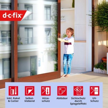 Preview: d-c-fix Fensterfolie Spiegel-Sichtschutzfolie, 67,5 x 1,5 cm, inkl. Cutter und Rakel, selbstklebende blickdichte Sichtschutzfolie, F3398050