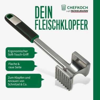 Preview: Fackelmann Chefkoch Fleischklopfer Premium – Doppelseitig: Flach zum Plattieren & Rau zum Aufrauen, 26,5 cm, 23112