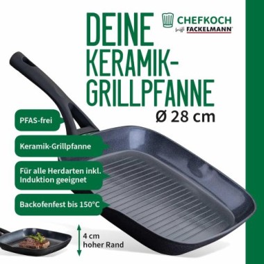 Preview: Fackelmann Chefkoch Keramik-Grillpfanne Hamburg, Hochwertige 28 cm Antihaft-Pfanne aus recyceltem Aluminium, 23721