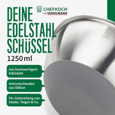 Preview: Fackelmann Chefkoch Schüssel aus Edelstahl, 1,25 Liter, Bonn, ca. Ø 17,7 x 8 cm, 23223