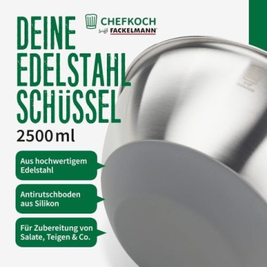 Preview: Fackelmann Chefkoch Schüssel aus Edelstahl, 2,5 Liter, Bonn – spülmaschinengeeignet, ca. Ø 21,4 x 10 cm, 23224