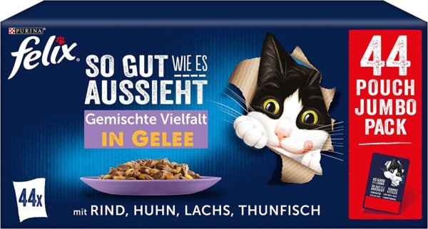 FELIX So gut wie es aussieht, Katzenfutter nass in Gelee, Sorten-Mix, 44er Pack (44 x 85g), 12449919
