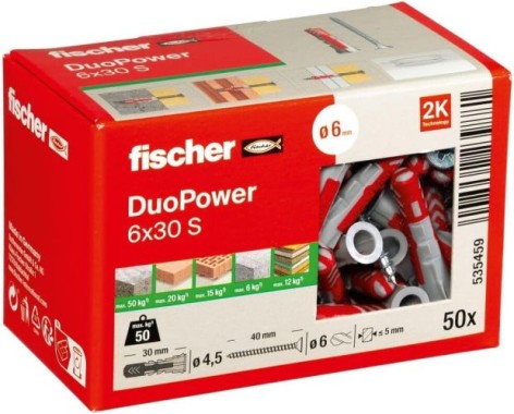 fischer DuoPower 6 x 30 S LD mit Schraube, 50 Dübel + 50 Schrauben, 535459