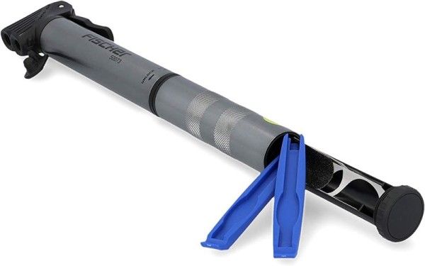 FISCHER Mini-Luftpumpe mit integriertem Reifen-Flickzeug, für alle Ventile, aus Aluminium, 50073