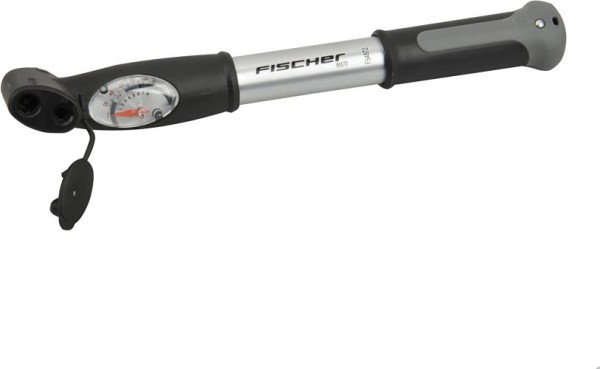 FISCHER Mini-Luftpumpe mit Manometer, Doppelhub-Technik, für alle Ventile (AV, DV, SV), aus Aluminium, 85573
