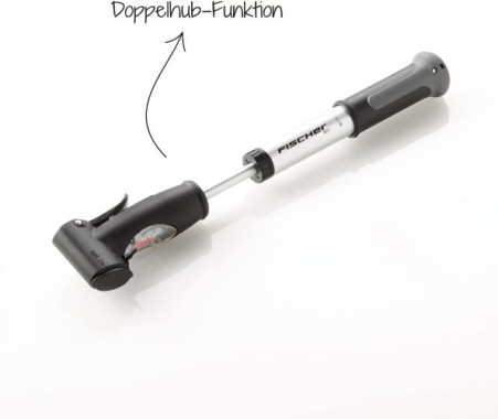 FISCHER Mini-Luftpumpe mit Manometer, Doppelhub-Technik, für alle Ventile (AV, DV, SV), aus Aluminium, 85573