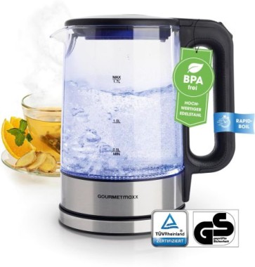 GOURMETmaxx Glas-Wasserkocher 1,7 Liter mit integrierter Beleuchtung, Edelstahl / Glas, 12053