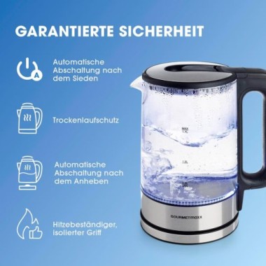 Preview: GOURMETmaxx Glas-Wasserkocher 1,7 Liter mit integrierter Beleuchtung, Edelstahl / Glas, 12053
