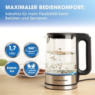GOURMETmaxx Glas-Wasserkocher 1,7 Liter mit integrierter Beleuchtung, Edelstahl / Glas, 12053