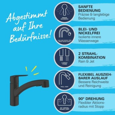 Preview: GROHE Start, Küchenarmatur 2 Strahlarten, 90° schwenkbar, matt schwarz, 303072431