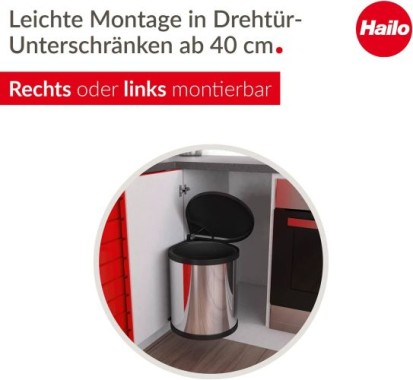 Hailo Compact-Box M Einbau Mülleimer, 15 Liter, für Schranktüren ab 40cm Breite, Edelstahl, 3555-101