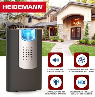 Heidemann Funkgong Set HX Flashlight (anthrazit, max. Reichweite 200 m, Lautstärke 4-stufig einstellbar bis 90 dB 8 Melodien einstellbar, Klingel, inkl. Sender + Empfänger, Türklingel) 70825 Anthrazit Funkgong Set HX Flashlight 70825