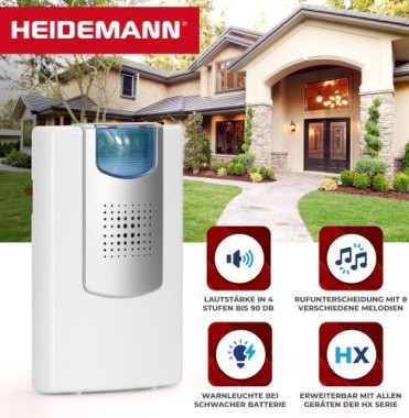 Heidemann Funkgong Set HX Flashlight, Reichweite 200 m, Lautstärke 4-stufig, 90 dB, 8 Melodien, 70824