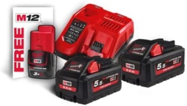 Milwaukee M18 Akku Starterset, 2 x 18V / 5,5 Ah, 1 x 3,0 Ah Akku und Ladegerät M12-18 FC, 4933464713