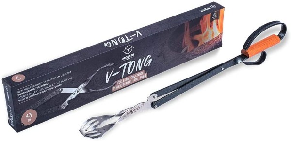 Moesta-BBQ 10504 Grillzange V-Tong 43 cm – Servierzange mit Holzgriff – Multifunktionale Fleischzange mit Flaschenöffner 43cm 10504