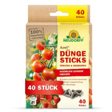 Neudorff Azet DüngeSticks für Tomaten und Erdbeeren – Bio Düngestäbchen für viele leckere Tomaten und Erdbeeren mit 2 Monaten Langzeitwirkung, 40 Sticks 1415