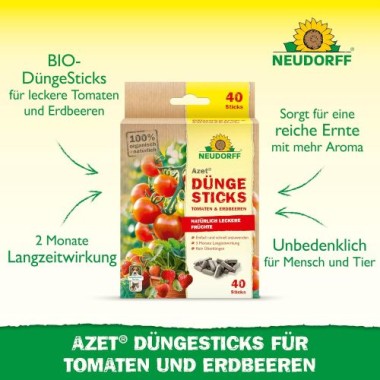 Neudorff Azet DüngeSticks für Tomaten und Erdbeeren – Bio Düngestäbchen für viele leckere Tomaten und Erdbeeren mit 2 Monaten Langzeitwirkung, 40 Sticks 1415