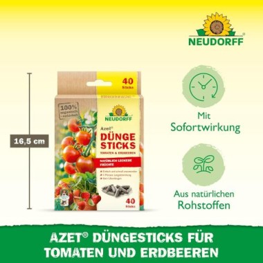 Neudorff Azet DüngeSticks für Tomaten und Erdbeeren – Bio Düngestäbchen für viele leckere Tomaten und Erdbeeren mit 2 Monaten Langzeitwirkung, 40 Sticks 1415