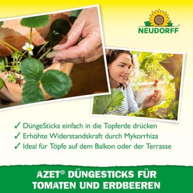 Neudorff Azet DüngeSticks für Tomaten und Erdbeeren – Bio Düngestäbchen für viele leckere Tomaten und Erdbeeren mit 2 Monaten Langzeitwirkung, 40 Sticks 1415