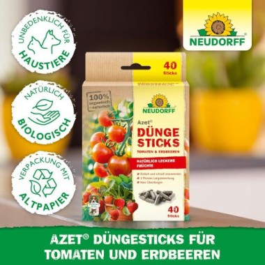 Neudorff Azet DüngeSticks für Tomaten und Erdbeeren – Bio Düngestäbchen für viele leckere Tomaten und Erdbeeren mit 2 Monaten Langzeitwirkung, 40 Sticks 1415