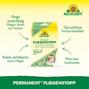 Neudorff Permanent FliegenStopp – Bekämpft zuverlässig Fliegen direkt am Fenster mit Langzeitwirkung, insektizidfrei, 2 Stück 1375