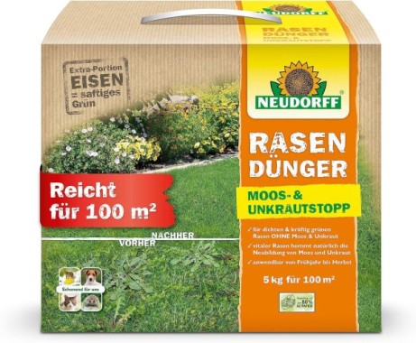 Neudorff RasenDünger Moos- & UnkrautStopp 5 Kg für 100m², organisch-mineralischer Dünger mit Eisen und Kalium, 1295