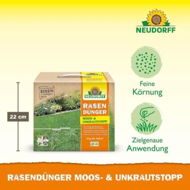 Neudorff RasenDünger Moos- & UnkrautStopp 5 Kg für 100m², organisch-mineralischer Dünger mit Eisen und Kalium, 1295