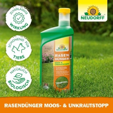Neudorff RasenDünger Moos- & UnkrautStopp – Rasendünger mit Eisen und Kalium, sorgt für grünen Rasen, 1 Liter für 100 m² 1281