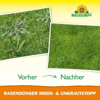 Neudorff RasenDünger Moos- & UnkrautStopp – Rasendünger mit Eisen und Kalium, sorgt für grünen Rasen, 1 Liter für 100 m² 1281