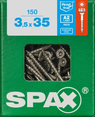 SPAX Edelstahlschraube, 3,5 x 35 mm, 150 Stück, Teilgewinde, Senkkopf, T-STAR plus T15, 4CUT, Edelstahl rostfrei A2, 4197000350357