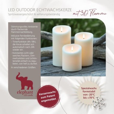 Schlaraffenland Elephant LED Outdoor Kerze, 10x20 cm, Creme Echtwachs, 10730